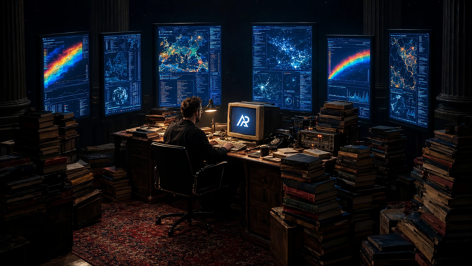 Arbnor Puka at a desk surrounded by monitors and books